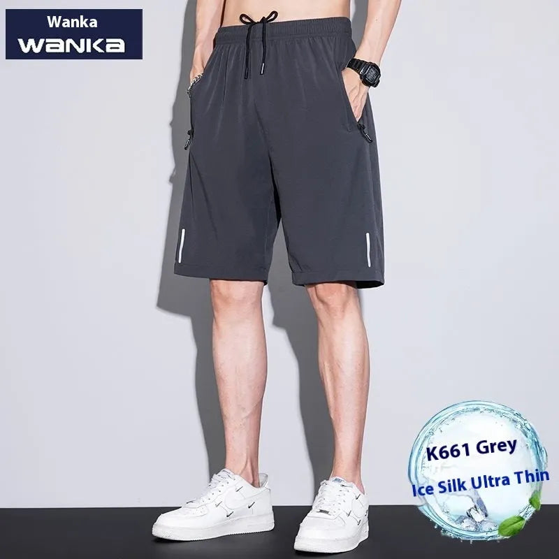 Men's thin ice silk quick-dry polyester running shorts in black, straight cut, front view