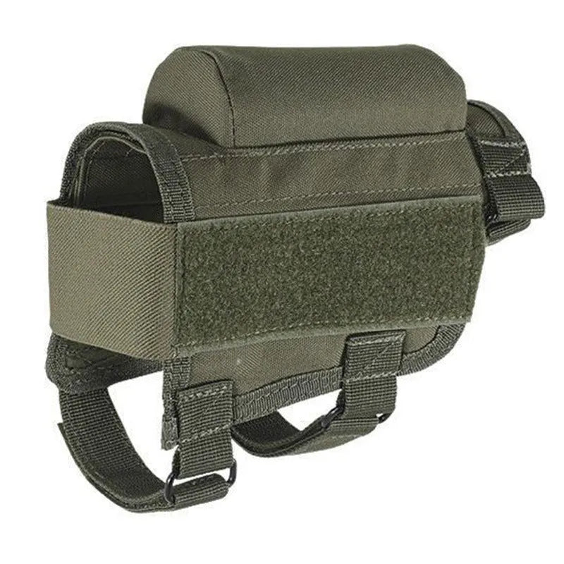 Black nylon cheek rest for rifle stock with hook and loop straps and removable ammo carrier