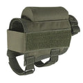 Black nylon cheek rest for rifle stock with hook and loop straps and removable ammo carrier
