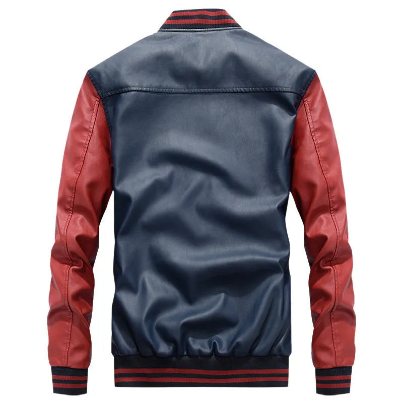 Men's casual PU leather jacket in red with full polyester lining, front view with zip closure
