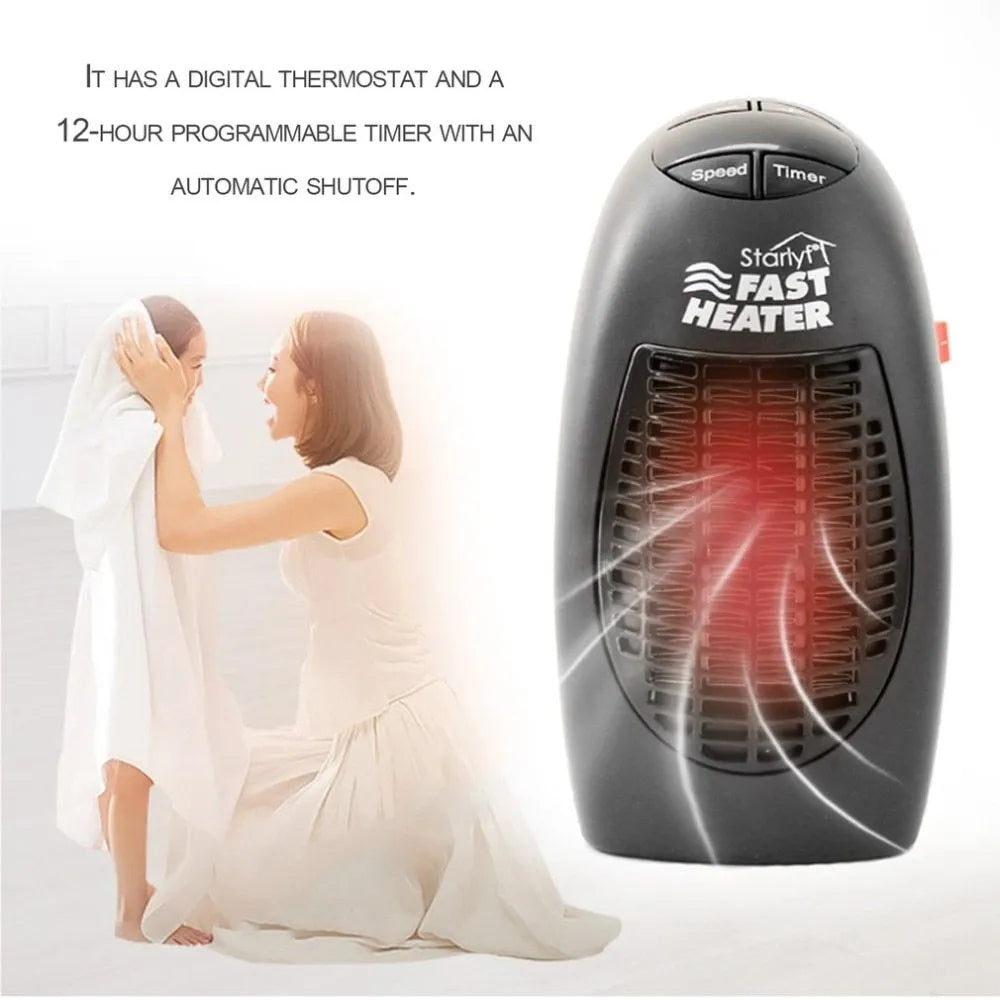 Black portable mini ceramic electric heater with digital display and a rotating plug on a white background.