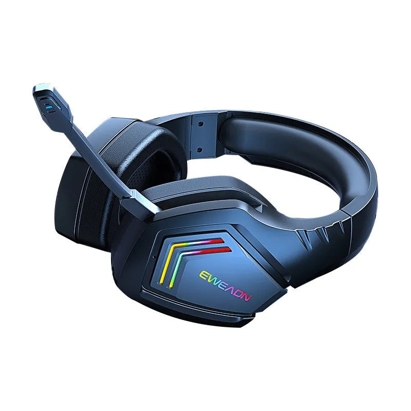Black over-ear wireless Bluetooth headset with RGB LED lights and noise cancellation.