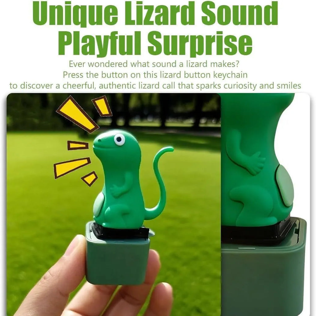 Lizard button keychain decompression clicker in PVC, 3 cm x 6.5 cm, green colour, with rechargeable luminous sounding design