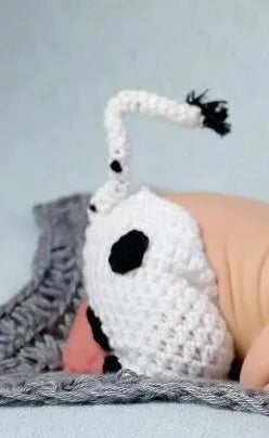 Hand-knitted white baby cow suit set with matching hat and pants for newborn infants