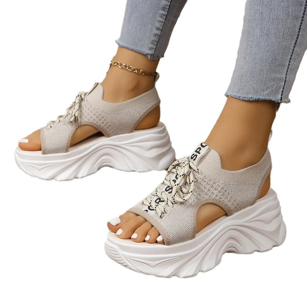 Women's hollowed-out mid heel mesh platform sandals in beige with front lace-up and round toe