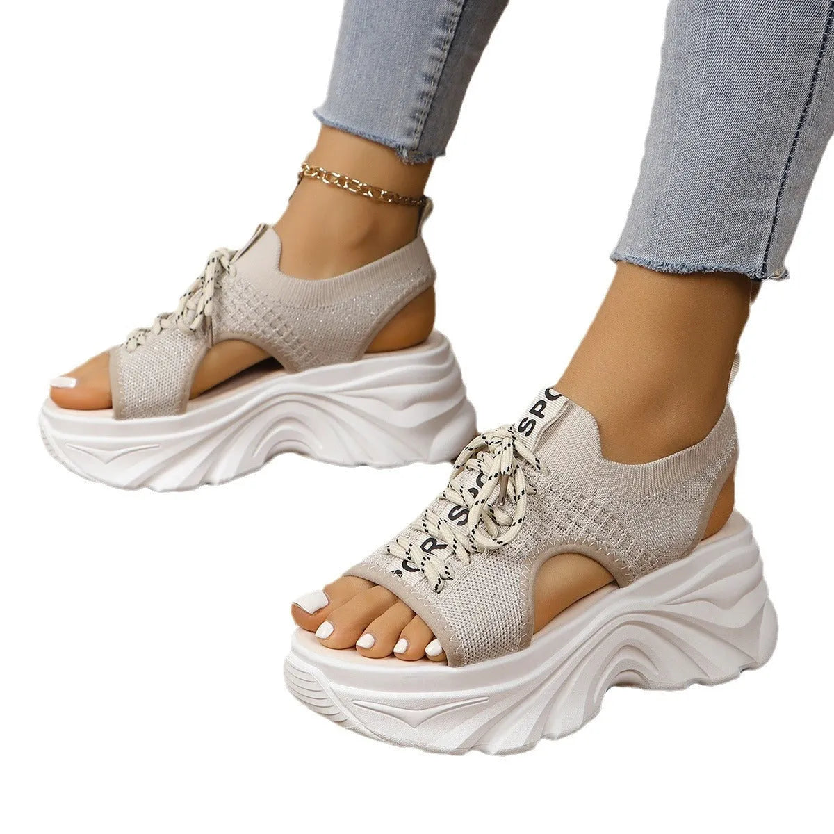 Women's hollowed-out mid heel mesh platform sandals in beige with front lace-up and round toe