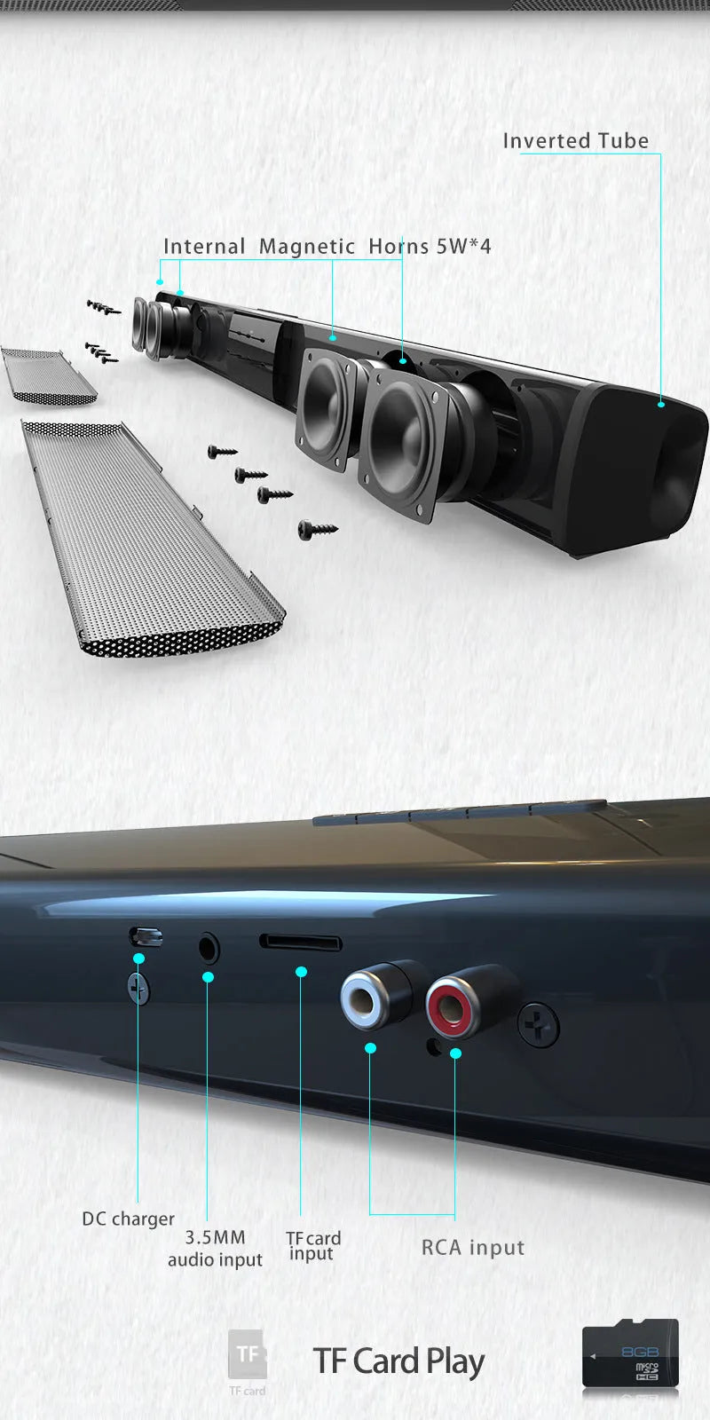 Black Bluetooth home theatre speaker with 550mm BS28B or 330mm BS28A unit, remote, data cable and plug