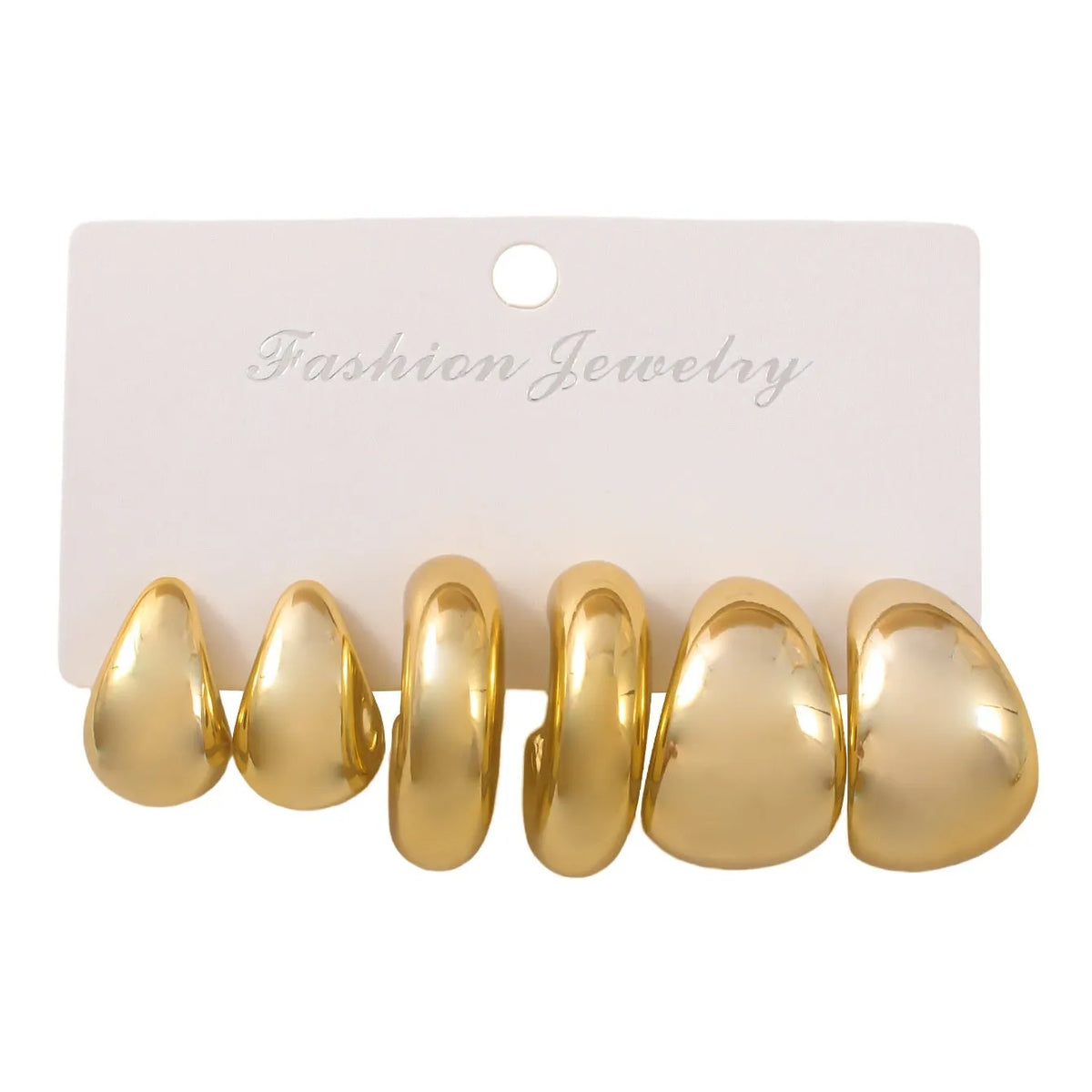 Three pairs of gold, silver, and black acrylic geometric double circle drop earrings set