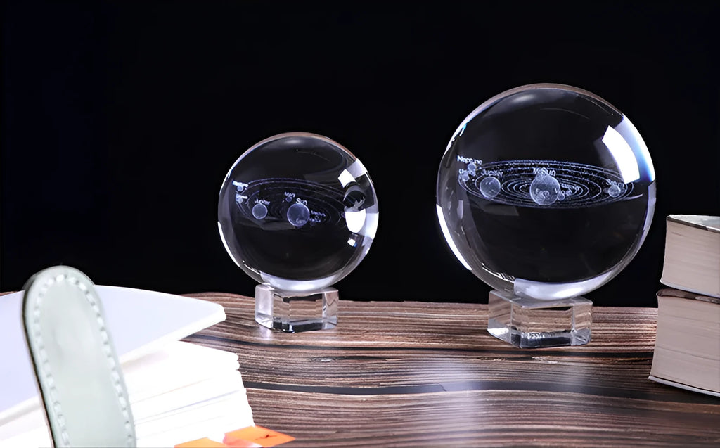 K9 crystal solar system ball with 3D engraved design, shown in 60mm, 80mm, or 100mm size with optional display base.