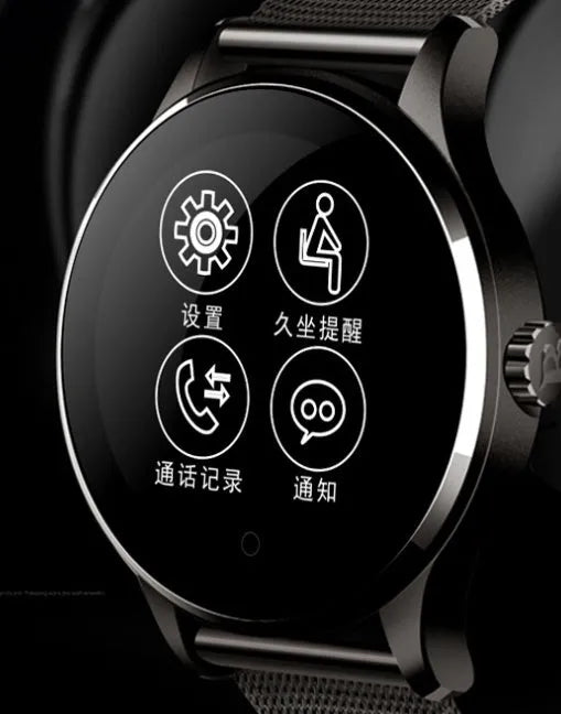 K88H smartwatch in silver with steel strap showing 1.3-inch IPS screen displaying heart rate data.