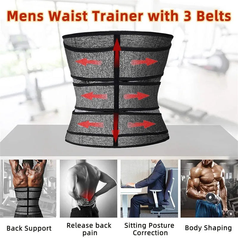 Men's sports waist belt corset slimming belt in neoprene polyester black grey sizes M to 3XL