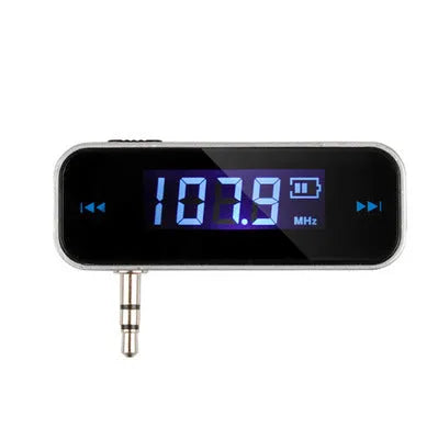 Black car FM transmitter with 3.5mm AUX plug, LCD display, 200 frequencies and 120mAh rechargeable battery