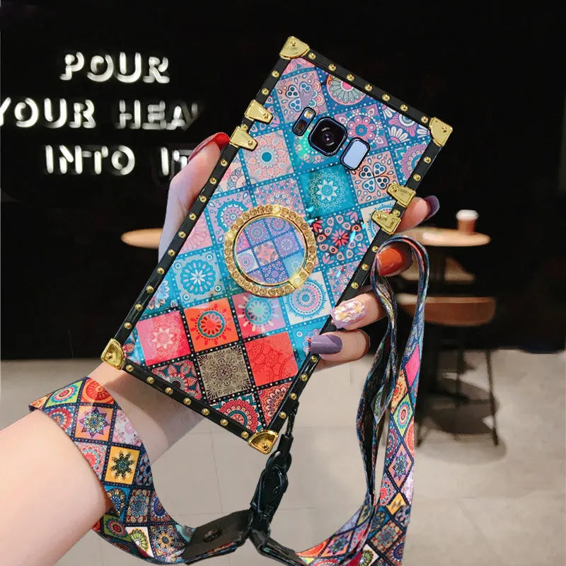 Samsung phone case in bohemian style with blue light mirror frame on a luxury square silicone cover.