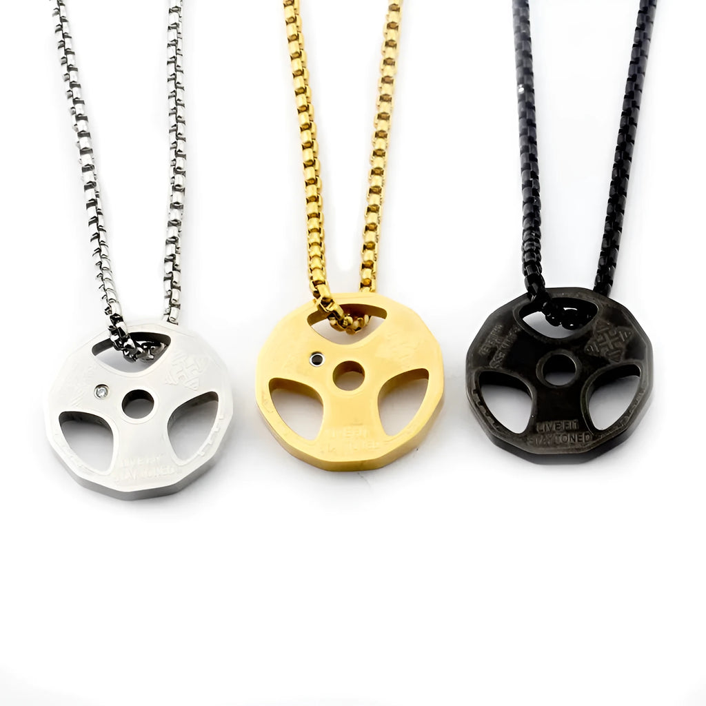 Men's titanium steel barbell dumbbell pendant necklace in gold colour, geometric 28 mm pendant on link chain