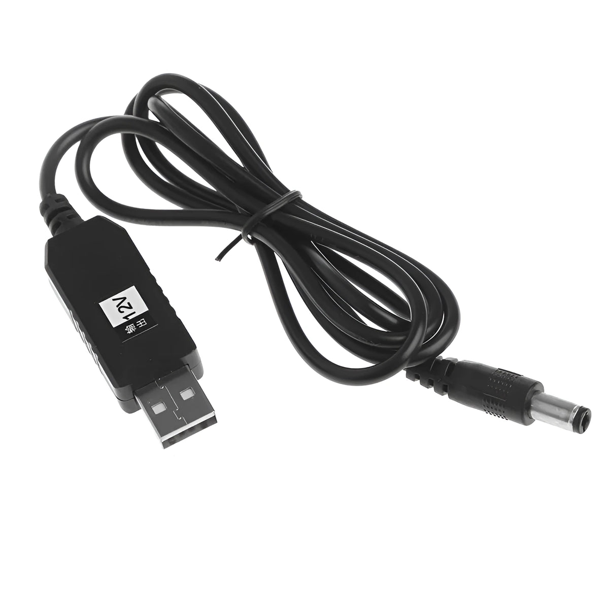 Black USB 5V to DC 12V step-up converter cable, 1M, USB A male to 2.1x5.5mm male plug