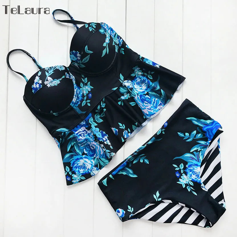 Two piece floral high waisted push up bikini swimwear for women tankini style