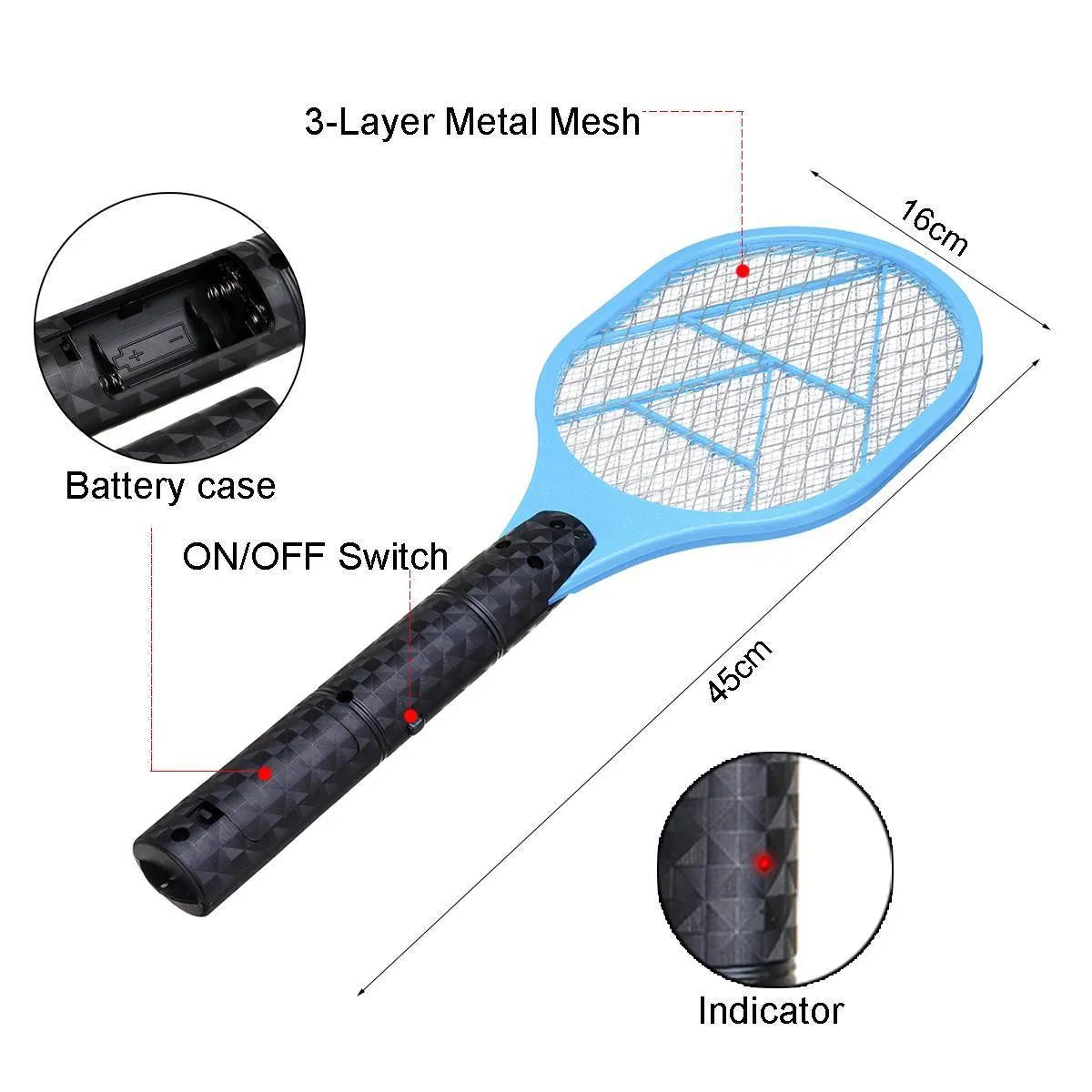 Blue yellow red battery electric mosquito swatter measuring 45 by 16 centimetres