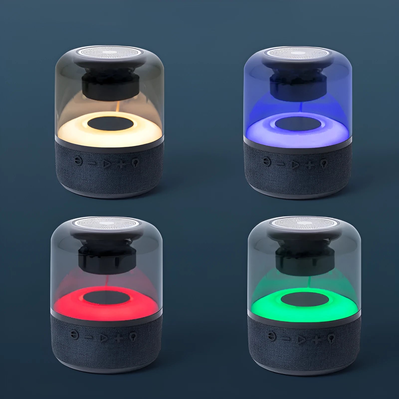 Four-colour light touch wireless Bluetooth speaker with control buttons and USB charging port.
