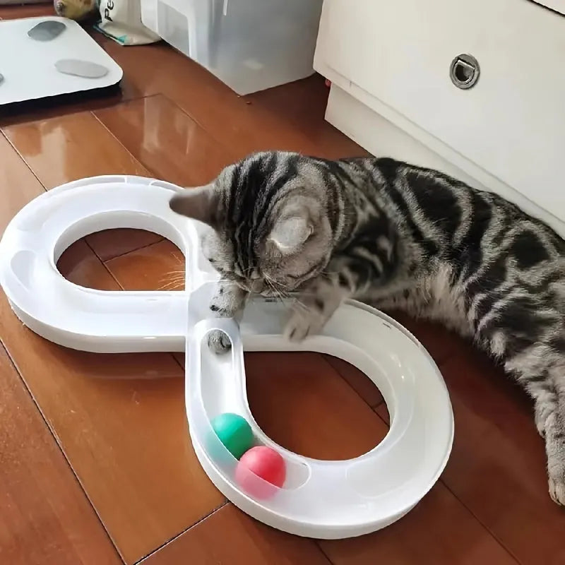 Blue and white cat turntable toy with track ball and teasing stick for indoor feline entertainment