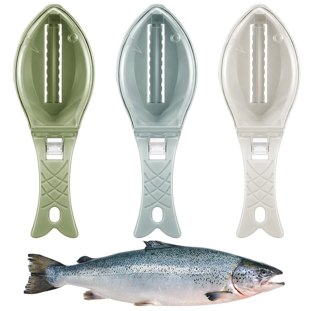 Fish-shaped scale scraper with cover in white, green, or blue colour options