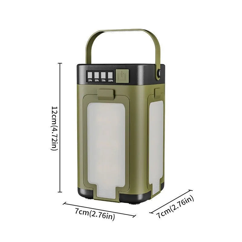 Solar camping light with four-leaf folding belt, press switch, 12 x 7 x 7 cm size and built-in 2000 mAh 18650 battery