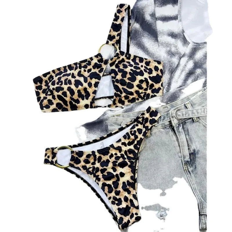 Women's bikini set with hollow leopard print and polka dot pattern in nylon fabric
