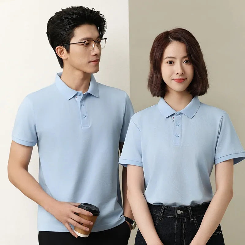 Solid colour short sleeve catering work polo shirt on a hanger, available in multiple colours.