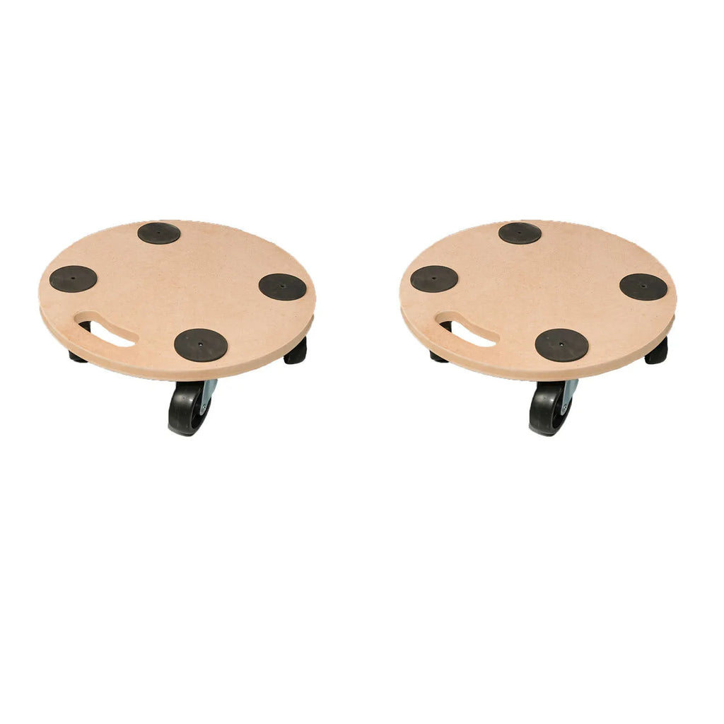 Two natural wood coloured platform trolleys with non-slip decks for moving heavy loads.