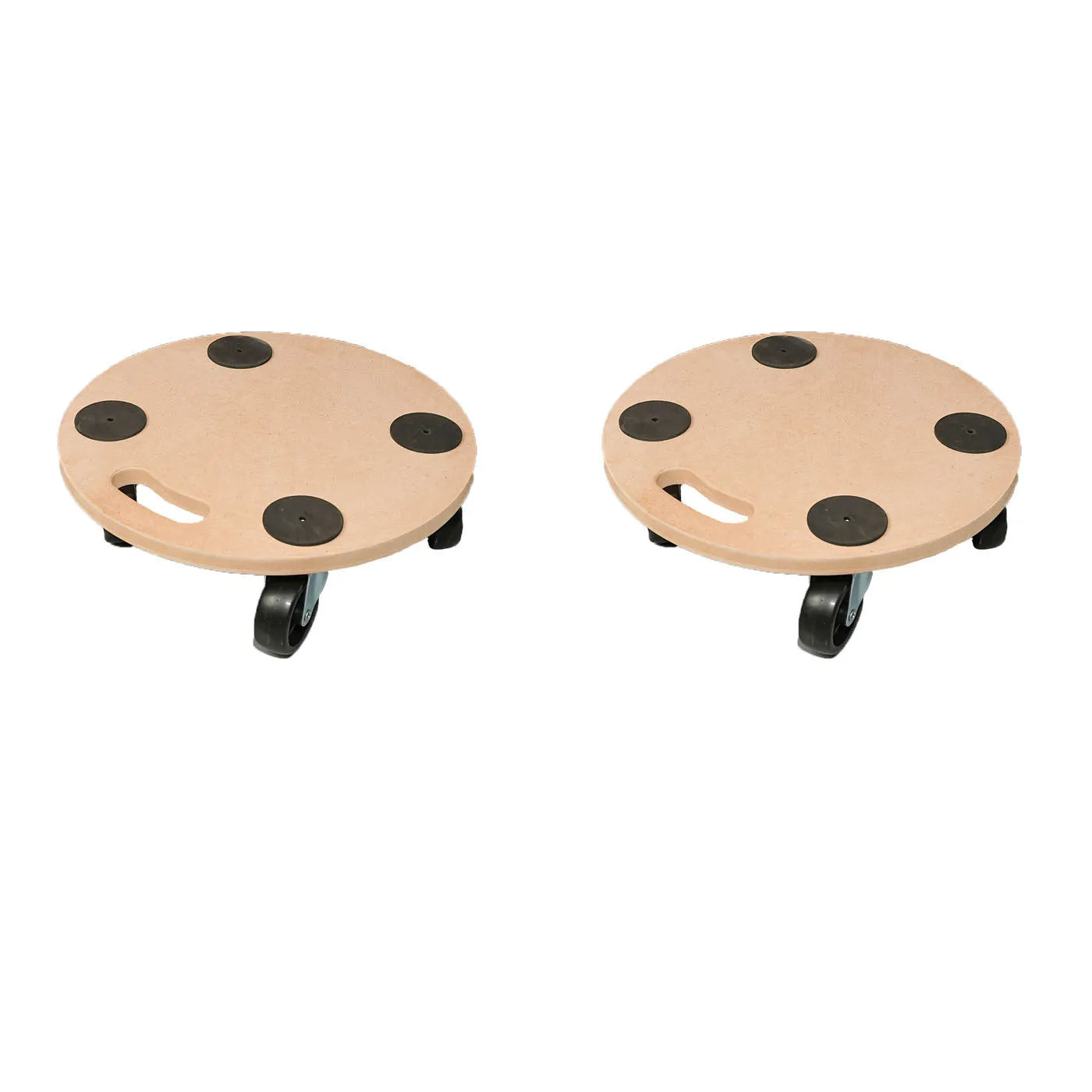 Two natural wood coloured platform trolleys with non-slip decks for moving heavy loads.