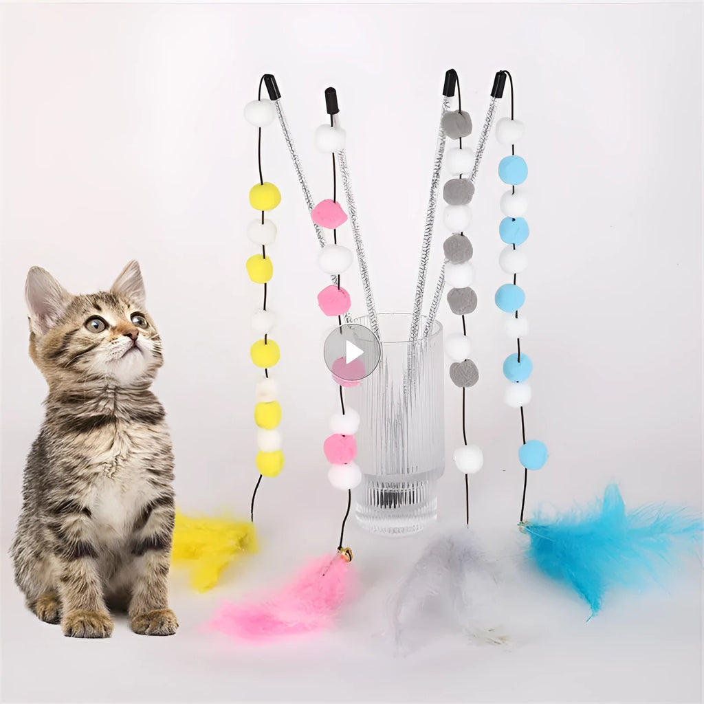 31cm long cat teaser rod with coloured acrylic pompons, feathers and bell attachment