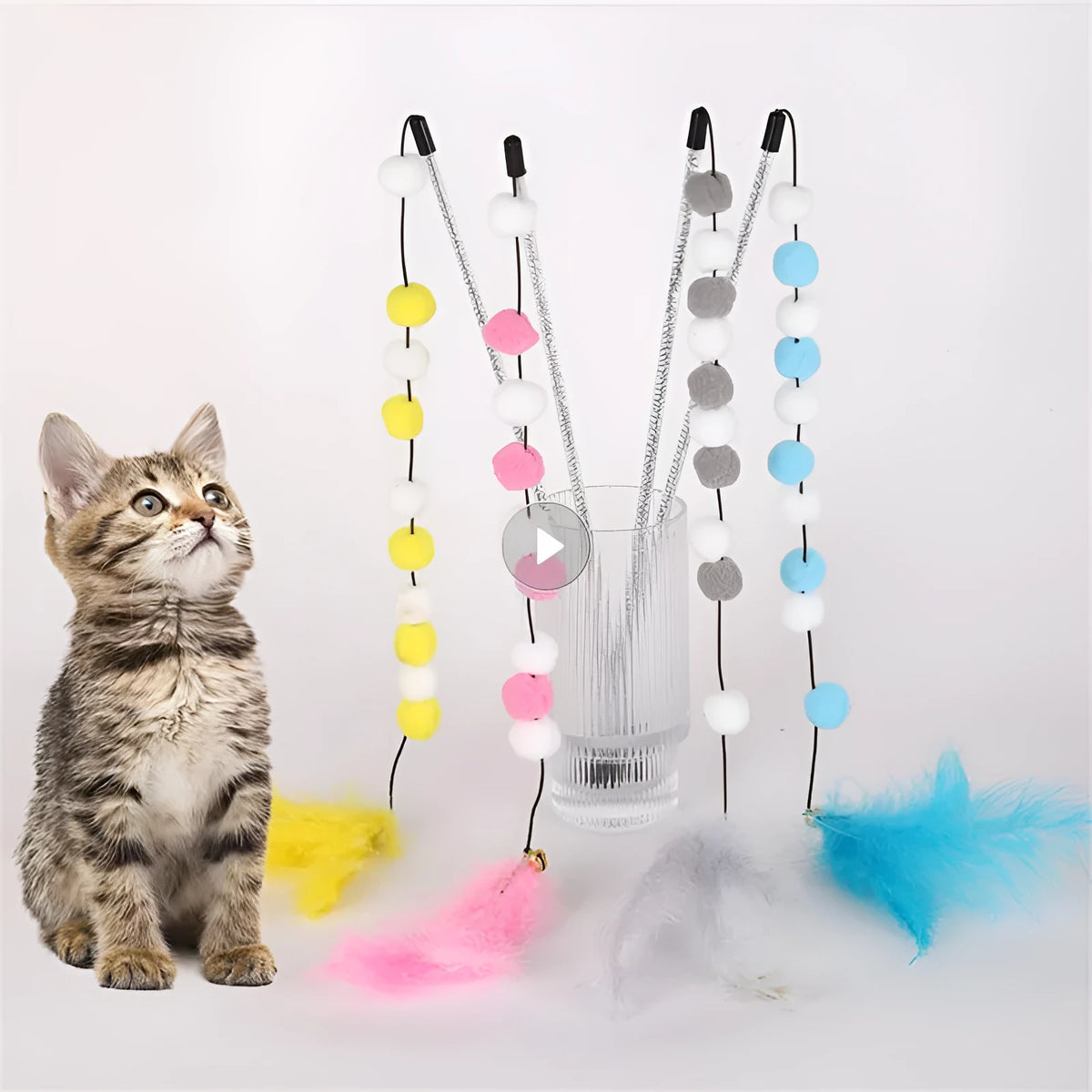 31cm long cat teaser rod with coloured acrylic pompons, feathers and bell attachment