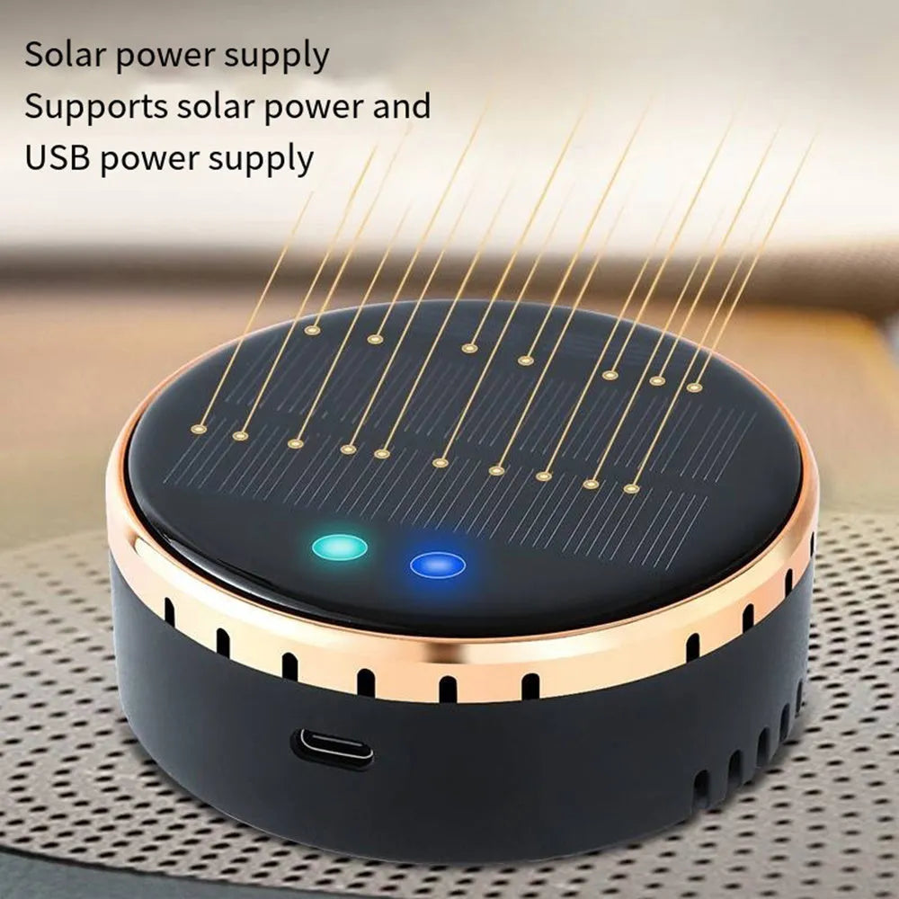 Black solar car humidifier mounted on vehicle air conditioning outlet with moisture mist visible