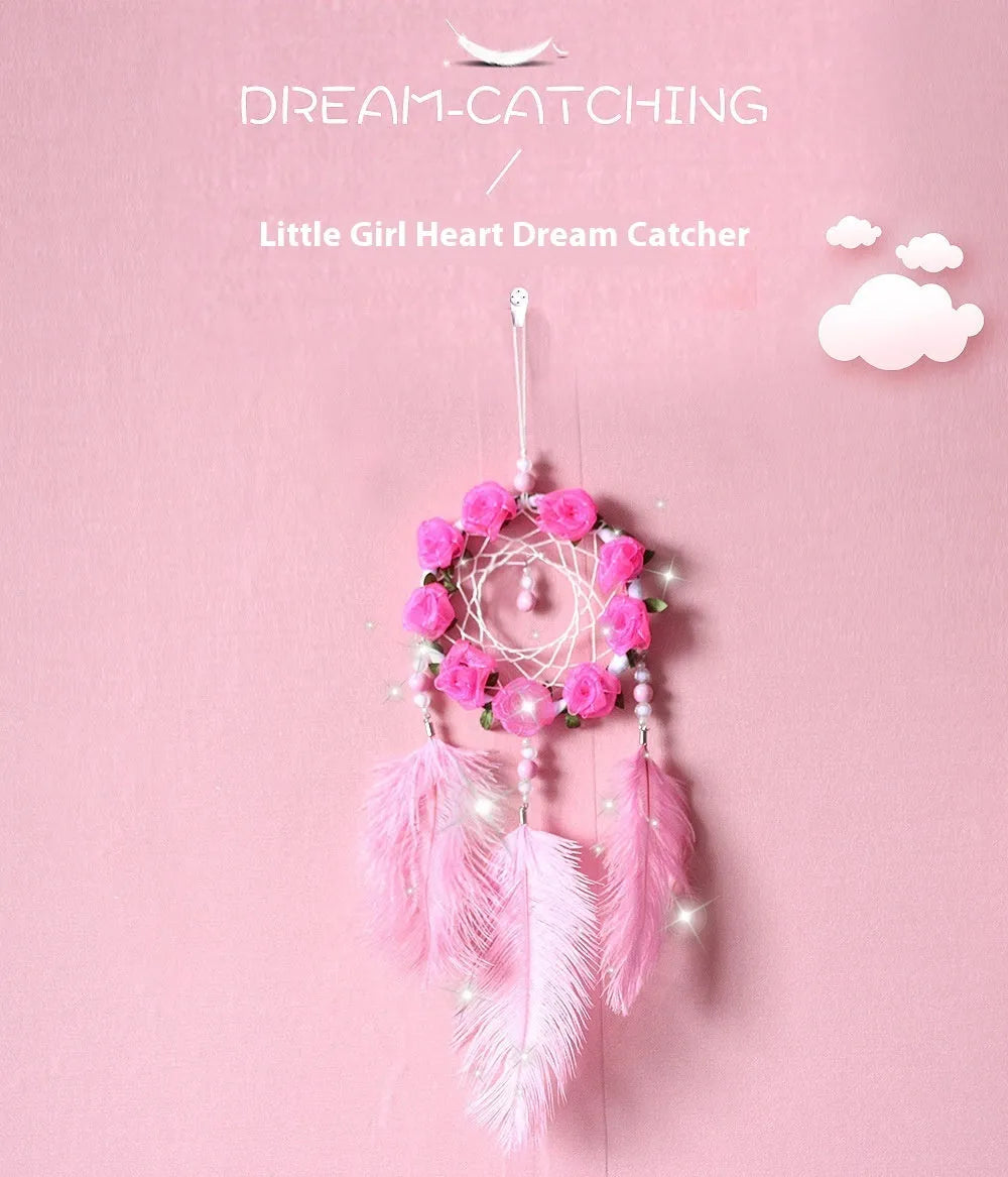 Pink ostrich feather dreamcatcher wind chime measuring 10cm for wall decoration