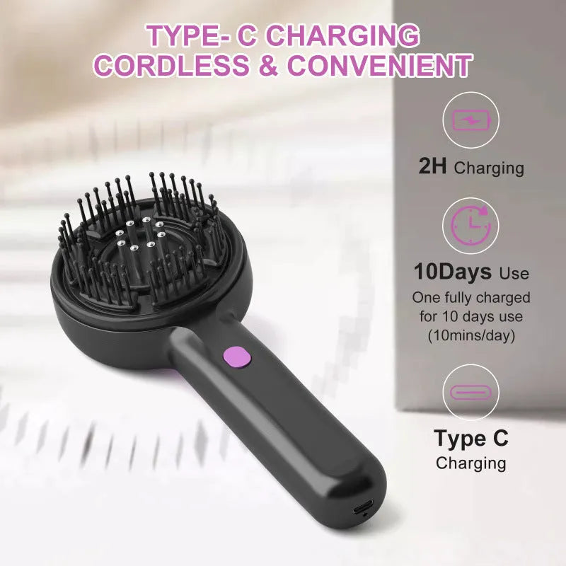USB-powered anti-leak hair brush massager in black with mechanical 2-gear control buttons