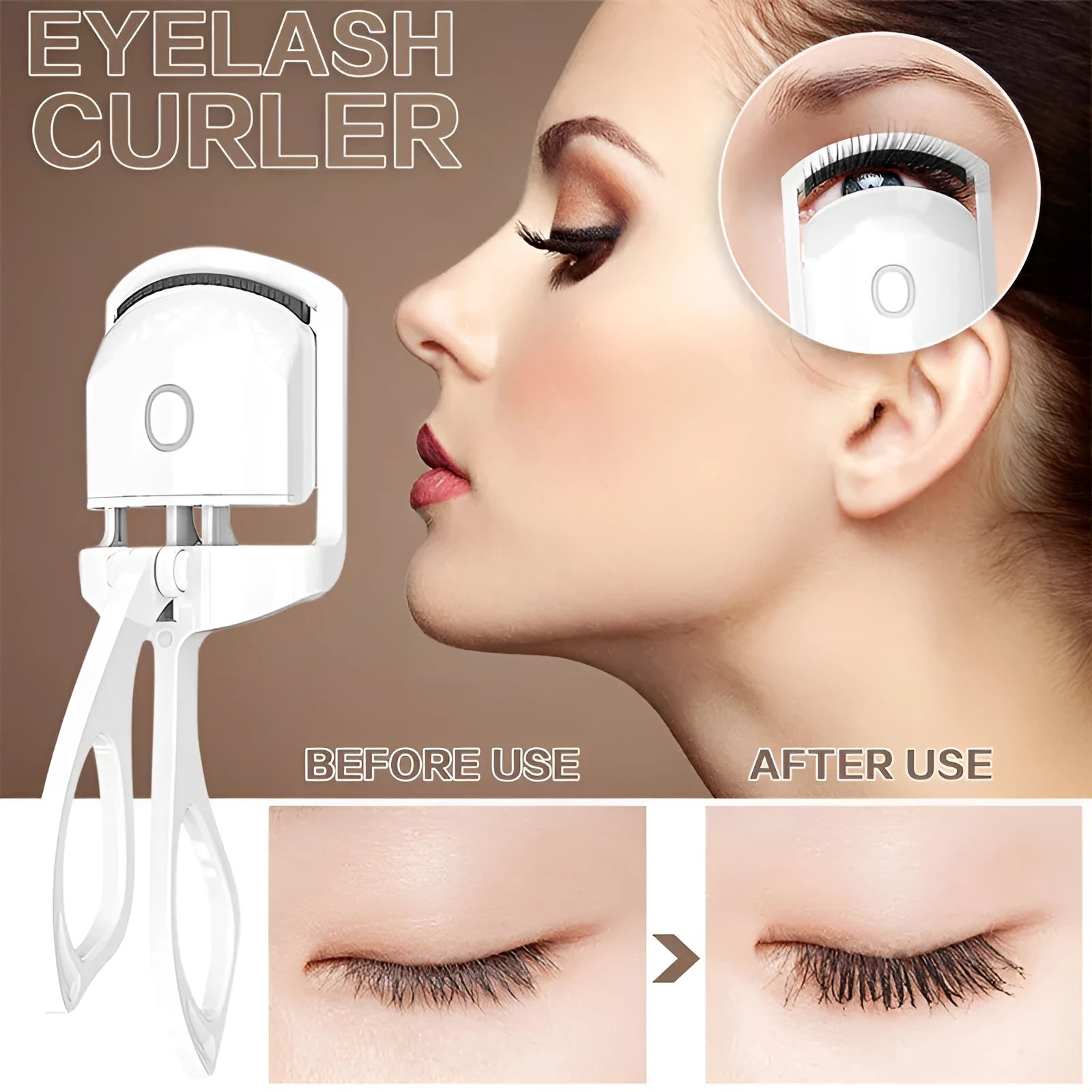 White USB heated eyelash curler with dual temperature buttons and safety insulating slots.