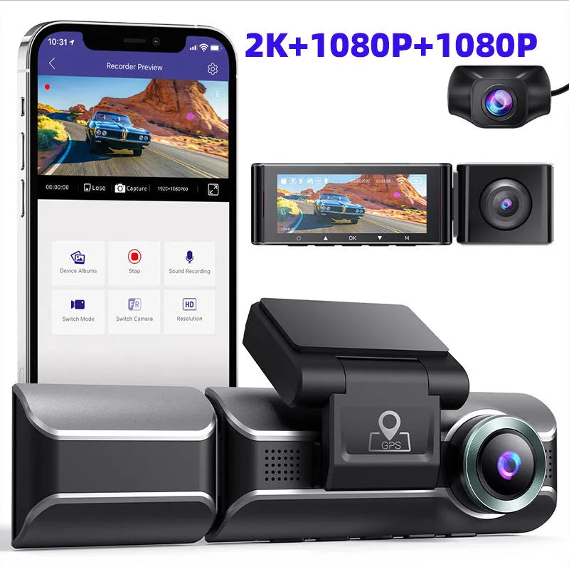 2K resolution driving recorder dash cam with front and rear cameras on 3-inch screen display