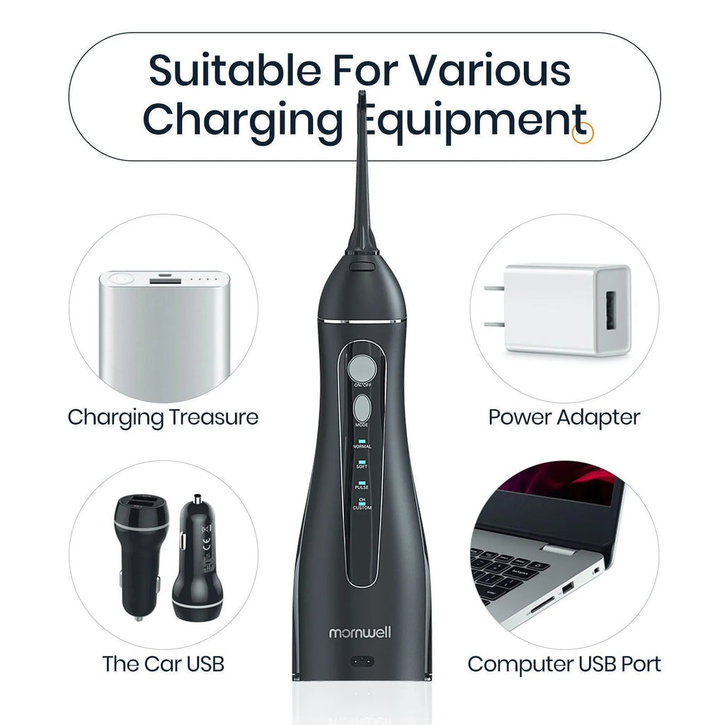 Black portable oral irrigator water flosser with built-in battery for adult home dental care.