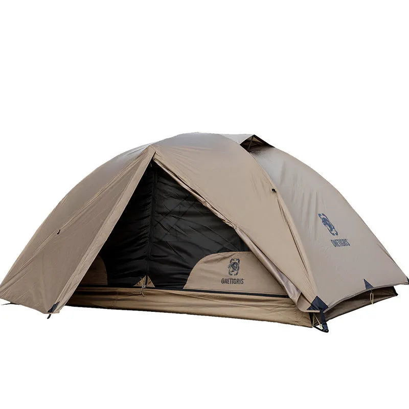 Leisure portable stand camp tent for 2 people in brown dark green with double layer structure 40D nylon gauze