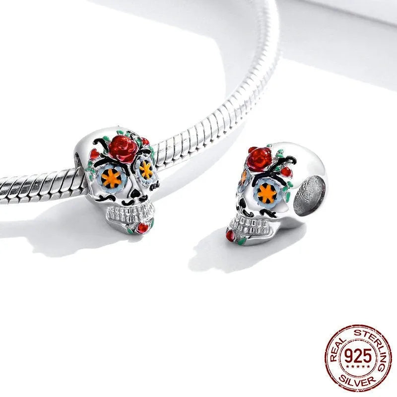 S925 silver Halloween skull bead with platinum plating and oil drip finish, 1.3x0.8cm, silver only