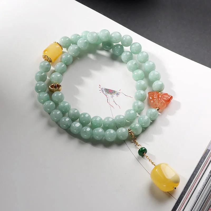 Double-layer women's bracelet with hanging jade beads and geometric beeswax barrel beads