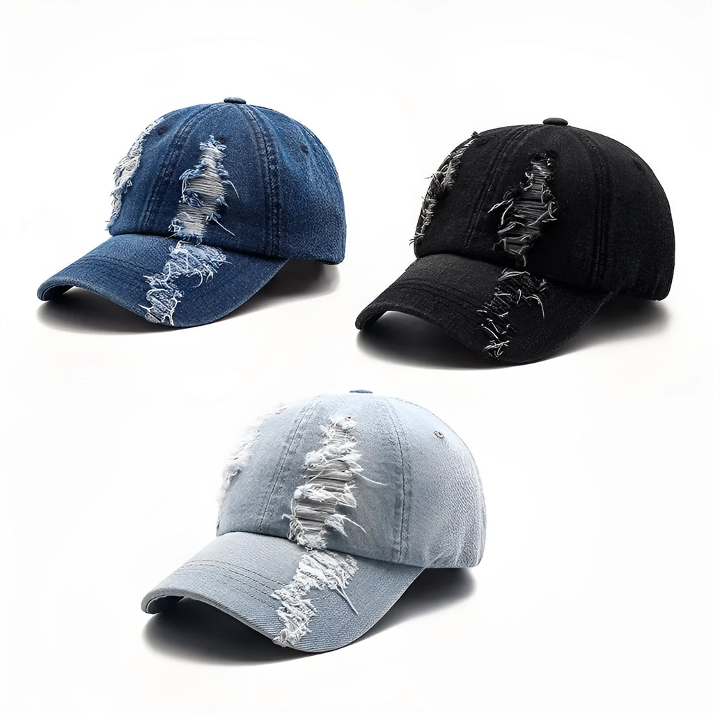 Men's washed cowboy baseball cap in cotton, shown in black, blue and light blue, size M 56-58cm