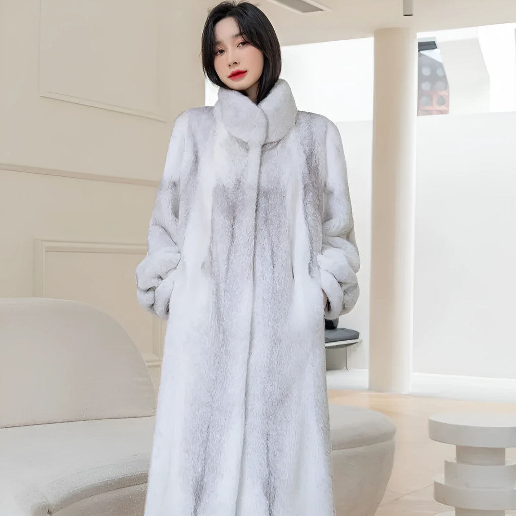 Women's white faux fur coat with stand-up collar shown at 80cm length