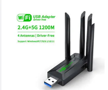 Black USB WiFi network transmitter dongle with four extended external antennas.