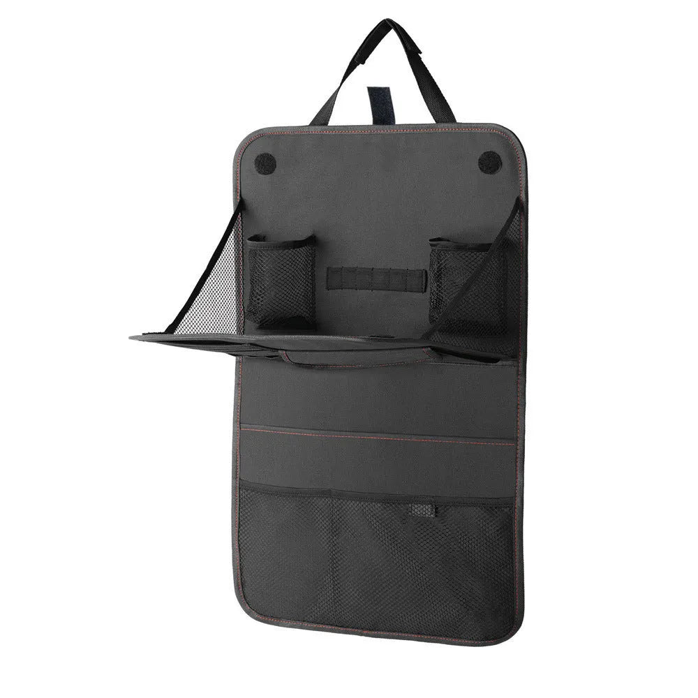 Black car seat back storage bag with red line, Oxford cloth, 38 x 60 cm, multi-pocket organiser and foldable tray