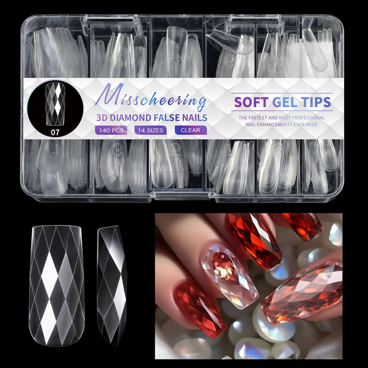 Set of 3D diamond texture long artificial nail tips in various colours from Diamond Nail collections.