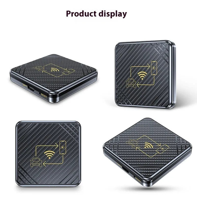 Wireless CarPlay and Android Auto adapter box in gold or white with USB connection