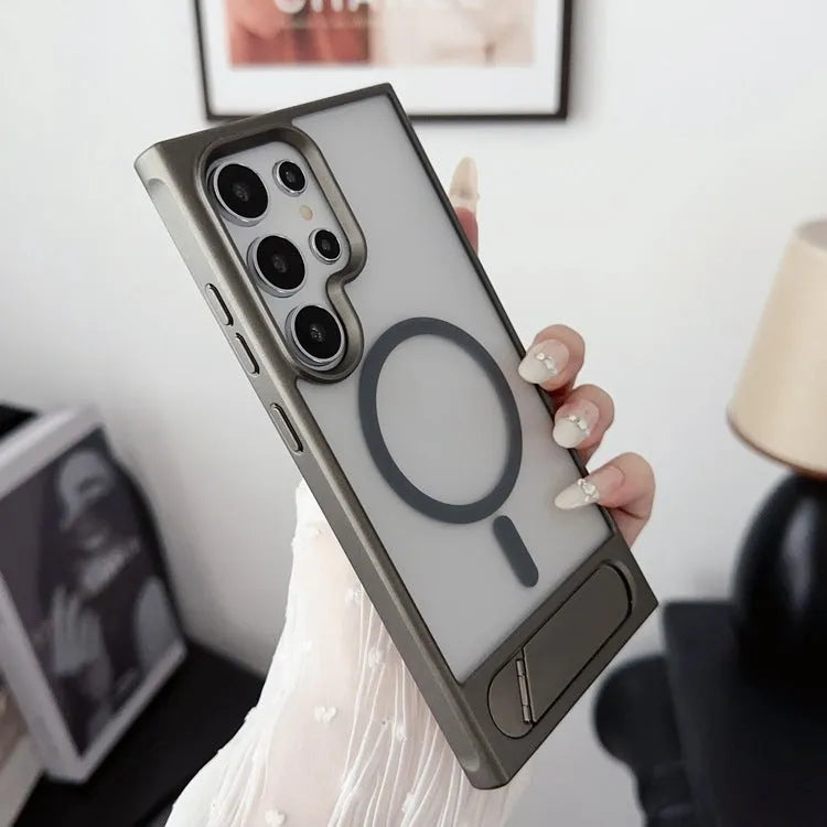 Folding metal bracket phone case for Samsung S23 in black with frosted skin-feel finish and magnetic function