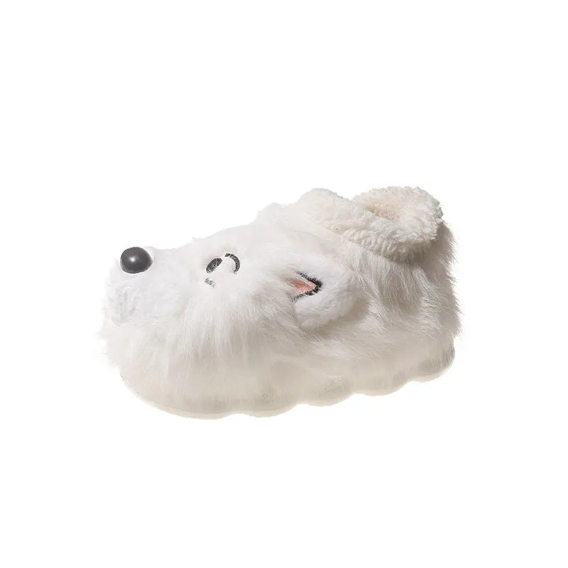 Grey ankle wrap plush slippers with artificial wool lining and a non-slip sole.