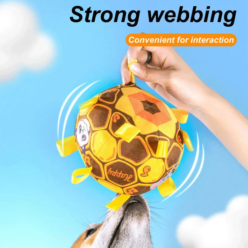 15cm plush dog ball with handle and bells in green, watermelon, or yellow colours