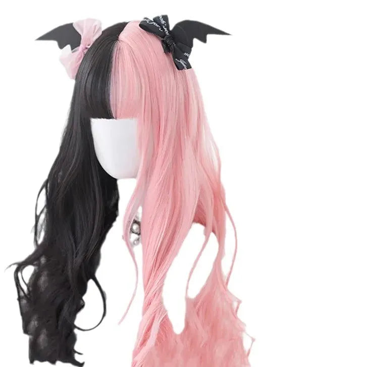 Black and pink long curly Harajuku Lolita wig with fringe for cosplay.